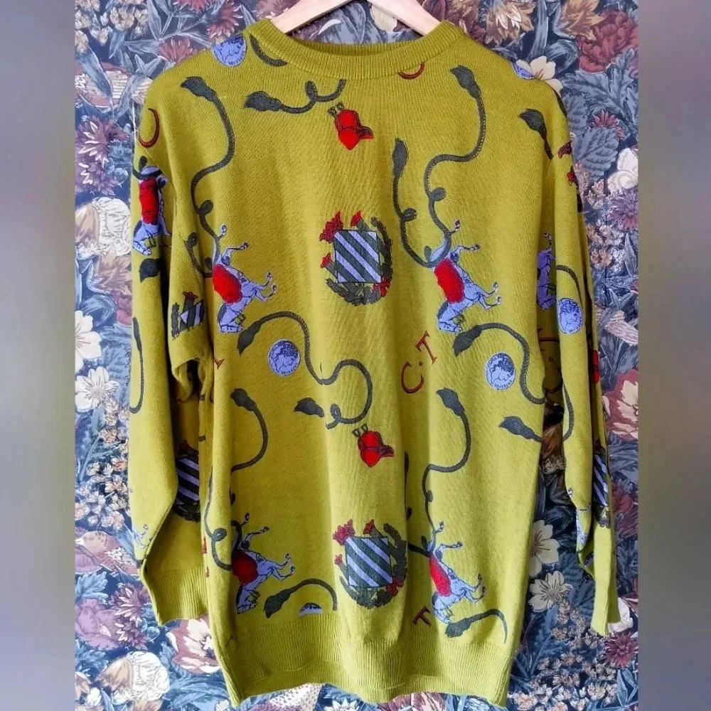 Vintage 70s Wool Mustard Yellow Equestrian Heritage Preppy Sweater Size Medium